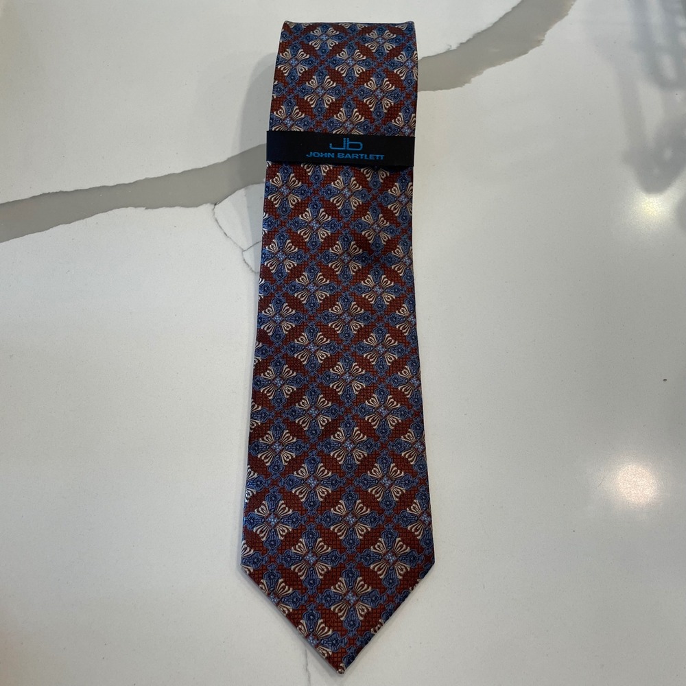 John Bartlett Mens Silk Tie Rust Orange Blue Geometric Floral Medallion Handmade